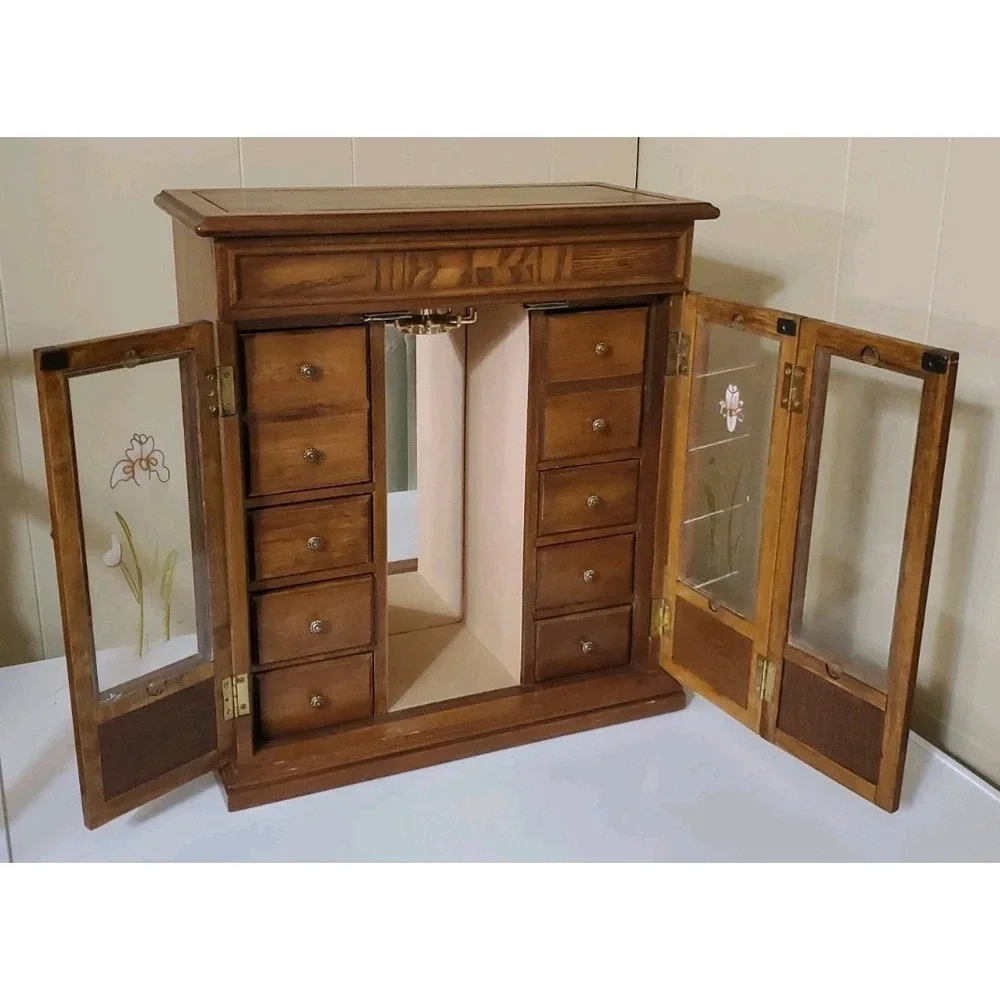 Vtg Tall Jewelry Box With 6 Drawers Mirror Cabinet Hangers Ring & Earring Holder